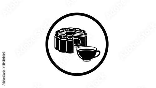 Simple black and white illustration of coffee beans and a cup.