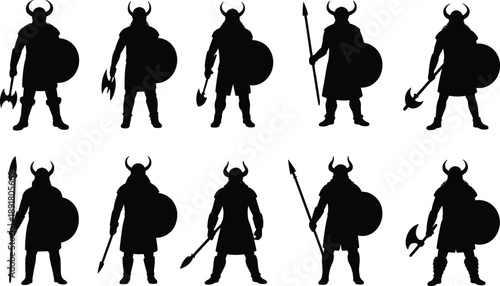 Collection of Viking warrior silhouettes holding axes, spears and shields, isolated on white background, Norse medieval fighters illustration set
