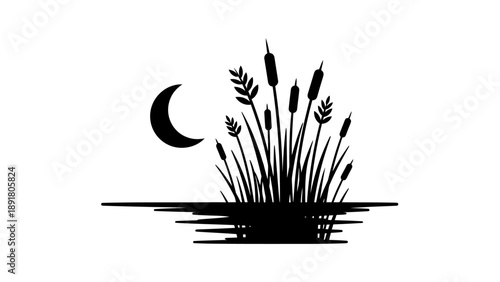 Silhouette of cattails and crescent moon over water at night.