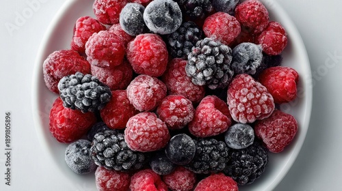 A vibrant assortment of frosty red raspberries, dark blackberries, and blue blueberries is neatly arranged in a clean white serving bowl