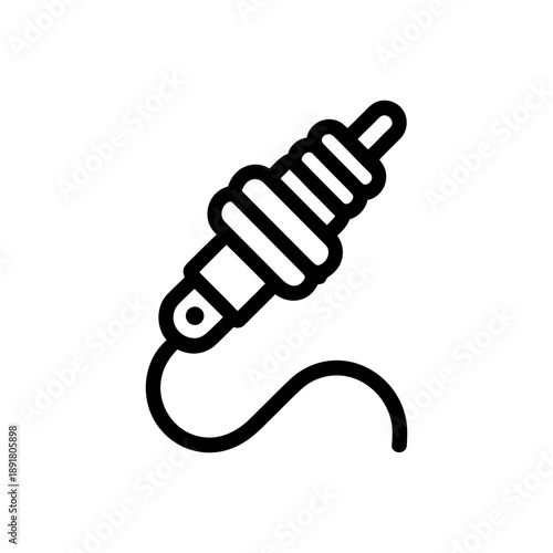 Spark Plug with Ignition Cable and Lightning Bolt Icon. A bold black silhouette icon illustrating a spark plug connected via a cable to an electrical connector, possibly a battery terminal. 