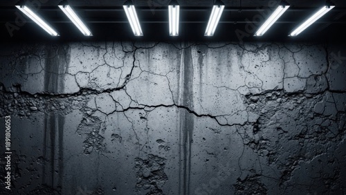 Cracked Concrete Wall With Fluorescent Lights