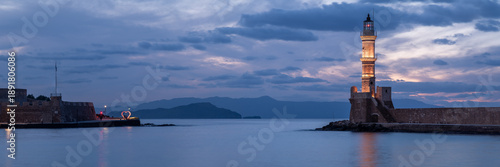 Chania Old Harbor Lighthouse at Blue Hour Panorama, Crete Greece