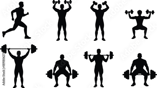 Set of male fitness silhouettes performing running and weightlifting exercises, isolated on white background, gym workout and strength training illustration collection