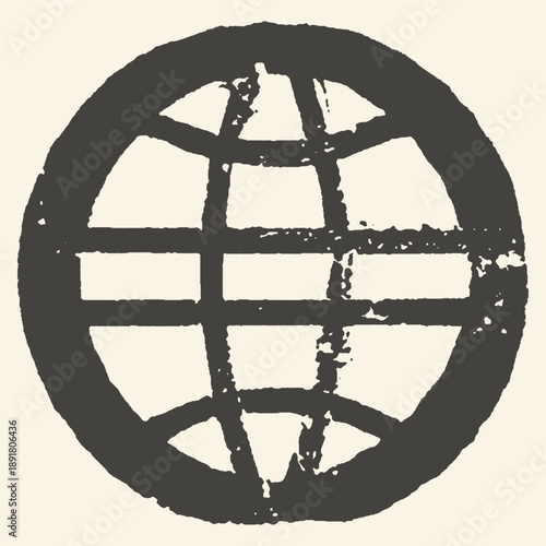 Textured Black Globe Icon on Cream Background, Simple and Modern Representation of Earth, Global Connection and Technology Symbol