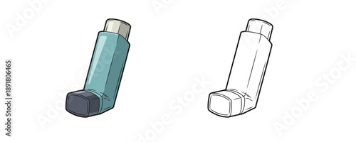 Pocket asthma inhaler shown in teal colored and black outline versions in cartoon style used for respiratory medical treatment and breathing on a white background