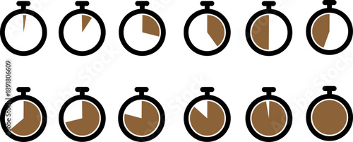 Stopwatch timer clock icons set with different time countdown and downtime