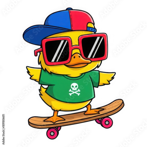 Cartoon duck wearing sunglasses and skateboarding isolated on transparent background