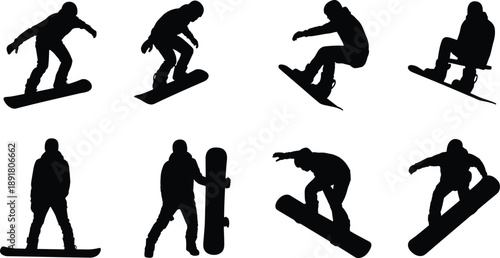 Set of snowboarder silhouettes performing aerial jumps, freestyle tricks and standing poses, isolated on white background, winter extreme sports concept