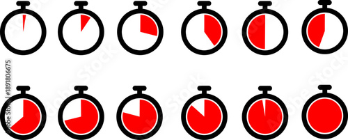 Stopwatch timer clock icons set with different time countdown and downtime