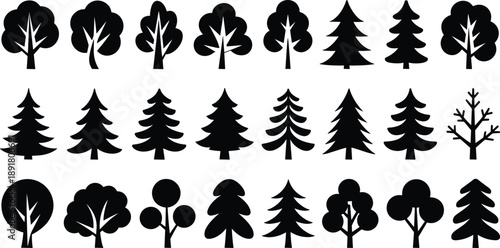 Set of tree silhouettes including pine and deciduous forest trees, isolated on white background, black nature icons for landscape and design use