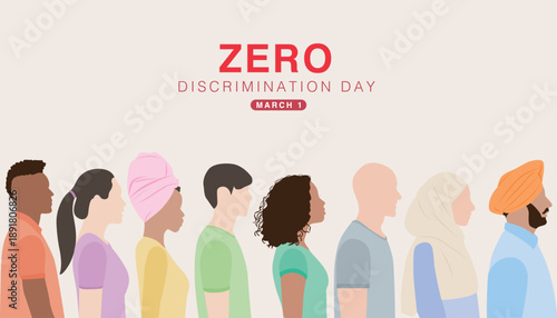 Minimal vector illustration showing diverse people standing side by side representing equality, inclusion, and Zero Discrimination Day awareness.