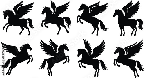 Set of winged horse Pegasus silhouettes in flying and rearing poses, isolated on white background, mythical fantasy creature illustration collection