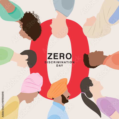 Top view vector illustration of diverse people forming a circle symbolizing unity, equality, and collective support for Zero Discrimination Day.