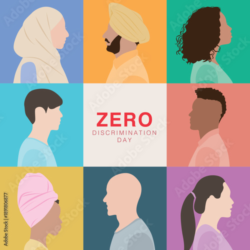 Grid portrait vector illustration of diverse individuals representing equality, inclusion, and cultural diversity for Zero Discrimination Day campaign.