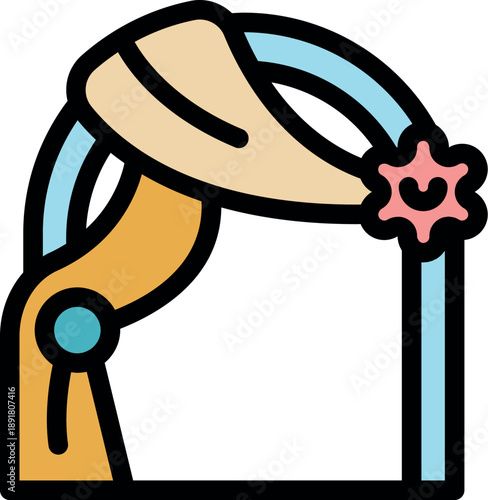 Decorative arch with draped fabric and a pink flower accent