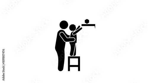 adult helping child on stool reach high shelf.