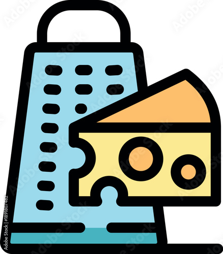 Metal grater and a triangular piece of cheese with holes, ready for grating, representing cooking and food preparation