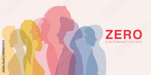 Abstract silhouette vector illustration symbolizing diversity and equality through overlapping colorful human profiles for Zero Discrimination Day.