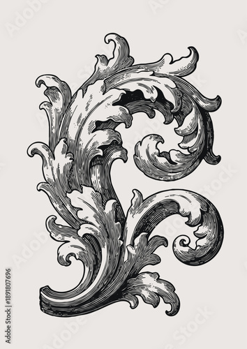 Vintage engraving of acanthus roll with heavy ornamentation and circle details