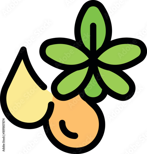 Colorful cannabis leaf with oil drop in a bold outline style