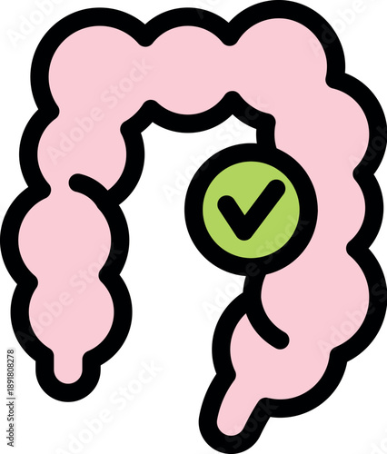 Pink healthy intestines with green check mark representing good digestion and overall health