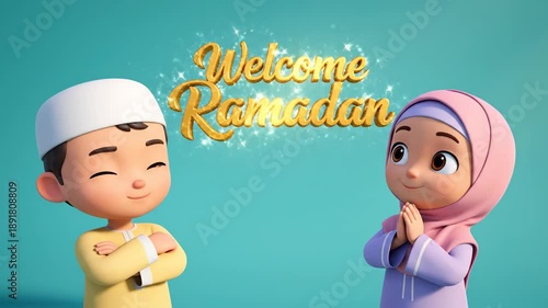 A charming 3D animation features two joyful Muslim children, a boy in a peci and a girl in a pink hijab. They are greeting the viewer enthusiastically against a vibrant blue backdrop. Ideal.