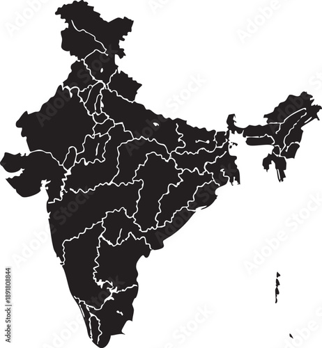 Black silhouette map of India with white internal state borders on a white background India map 1