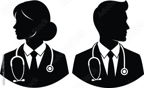 Silhouette of female and male doctors with stethoscopes facing opposite directions