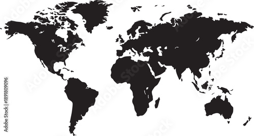 Black silhouette of the map on a white background showing continents and islands 1