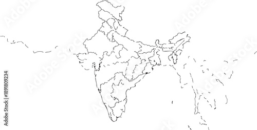 Hand drawn outline map of India with internal state borders on white background India map country