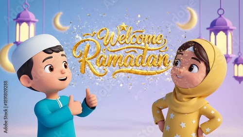 A cheerful 3D animation shows two Muslim children. The boy waves while the girl claps happily, set against a backdrop of glowing Ramadan lanterns and crescent moons. Perfect for holiday greetings.