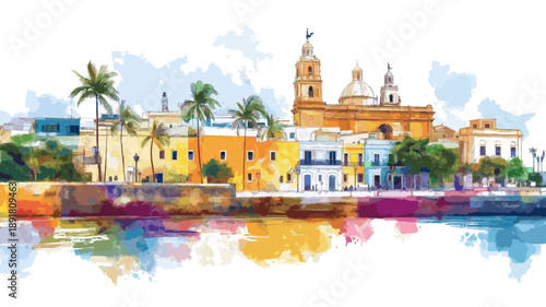 Old San Juan. Old San Juan hand drawn watercolor illustration