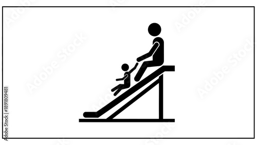Simple black icon of a person sliding down a slide with a child.