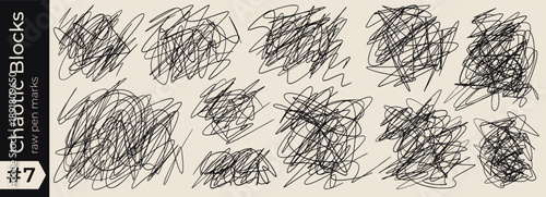 Messy pen texture with scribble scratch squiggle and random pencil tangle doodle. Messy sketch line with drawing marker pattern and ball scrawl background. Chaotic editable pen vector illustration set