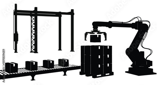 Industrial robotic arm assembling products on conveyor belt in modern factory setting with machinery and equipment