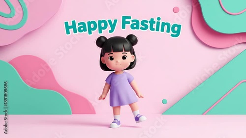 A cheerful 3D animated girl wearing a purple dress smiles and makes a peace sign against a pastel pink and teal background, conveying a warm 