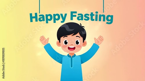 A cheerful animated greeting features a young South Asian boy in traditional blue attire waving happily against a soft gradient background. Ideal for cultural holiday promotions or children's.