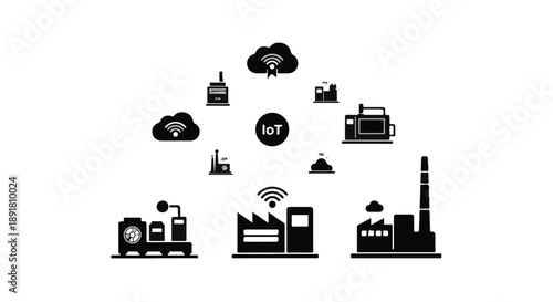 Industrial technology and communication icons with online and offline symbols in modern black and white illustration for business and connectivity concept
