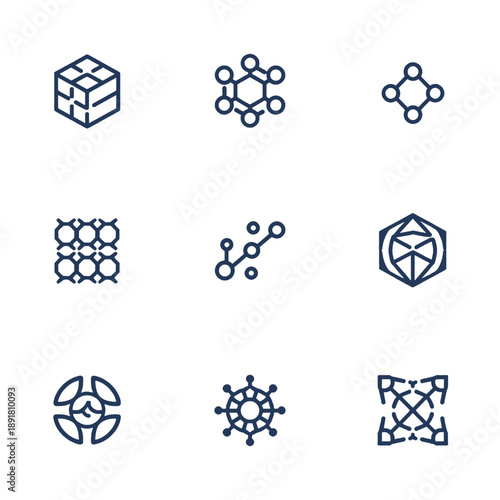 Abstract vector icons for semantic mapping and AI vector embeddings. Modern symbols for data clustering, relationship mapping, and latent space visualization in tech presentations.