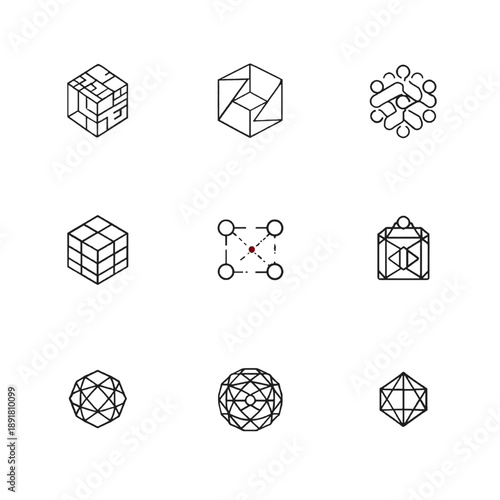Abstract vector icons for semantic mapping and AI vector embeddings. Modern symbols for data clustering, relationship mapping, and latent space visualization in tech presentations.