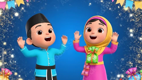 A cheerful 3D animation features two Muslim children exchanging a gift. The boy in traditional clothes hands a green gift bag to the girl on a sparkling blue festive background. Ideal for Eid.