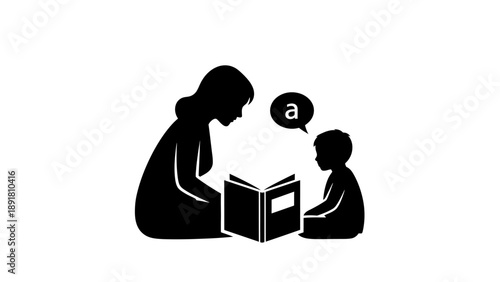 Mother reading book to young child.