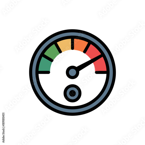 High Performance or Critical Level Gauge Icon. A flat design vector icon depicting a circular gauge or meter, presented on a clean white background.