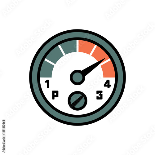 High Performance or Critical Level Gauge Icon. A flat design vector icon depicting a circular gauge or meter, presented on a clean white background.