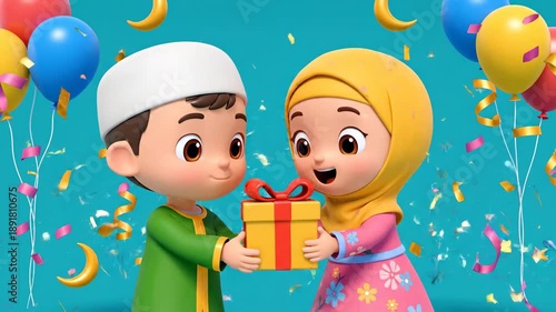 A delightful 3D animation shows a Muslim boy presenting a gift box to a smiling girl wearing a hijab, surrounded by colorful balloons and crescent moons. Ideal for Islamic holiday promotions.