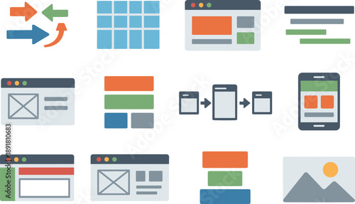 Flat vector icons of user experience wireframing design: interaction arrows, grid system, UI structure, text lines, low fidelity