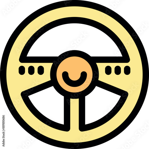 Yellow steering wheel with buttons and a happy face, representing safe and enjoyable driving