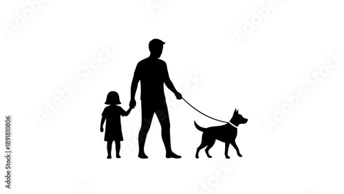 Silhouette of a man walking a dog with a child.