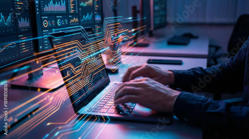 A person working on a laptop with glowing digital interfaces and data visualizations on multiple screens in a dark, high-tech environment.